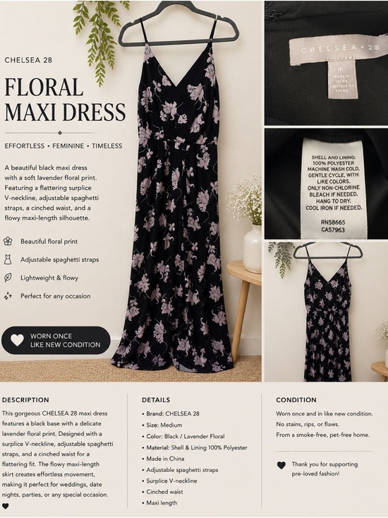 Chelsea28 Dresses & Skirts - Chelsea28 Black Maxi Dress with Lavender Floral Print